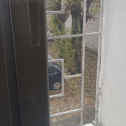 Clean & Care Heroes Marzena Dominik-Kublik - Widok z okna z kratą na zewnątrz, gdzie widać drzewa, liście i zaparkowany samochód. Okno jest brudne, co sugeruje potrzebę umycia.