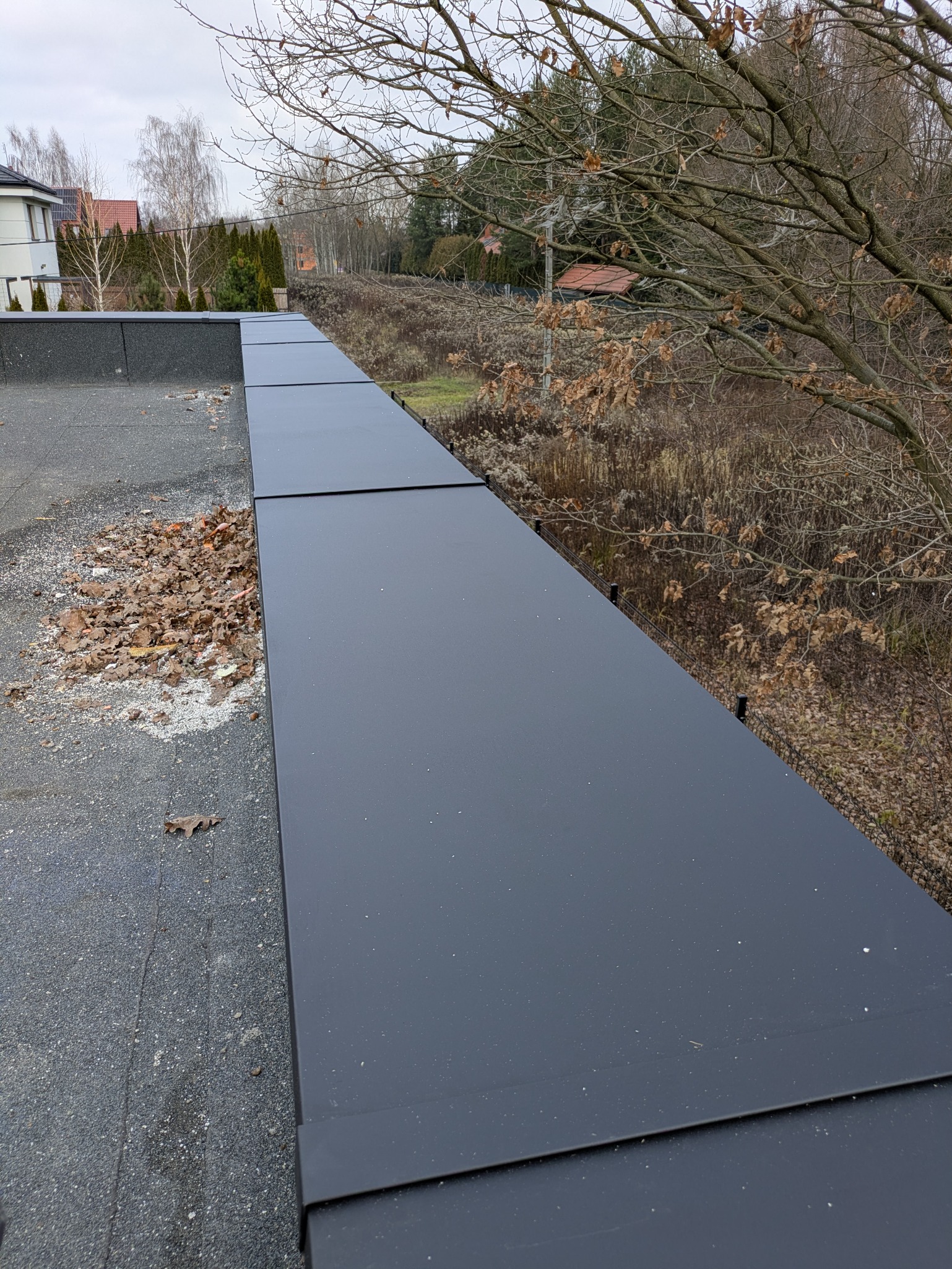 Szczegółowe ujęcie na płaski dach z czarną, metalową obróbką blacharską, z widocznymi liśćmi na powierzchni dachu i drzewami w tle.