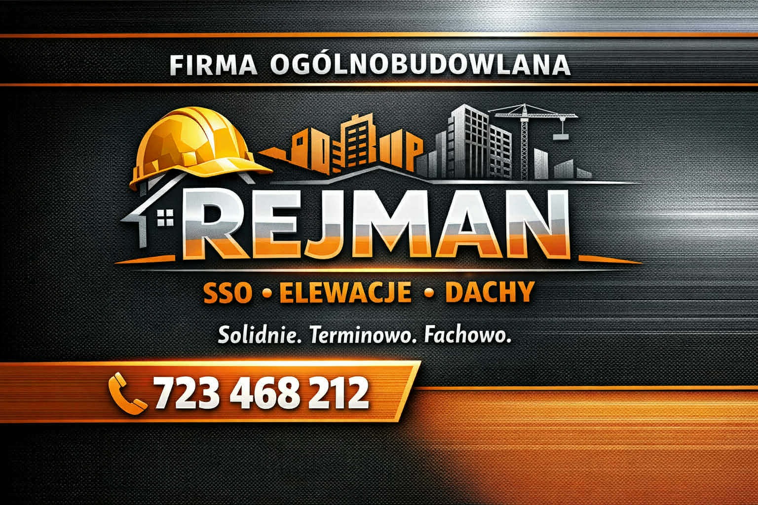 Grafika z logo firmy budowlanej 'Rejman', prezentująca usługi SSO, elewacje i dachy. Widoczny kask budowlany, budynki i dźwig. Solidność, terminowość i fachowość.