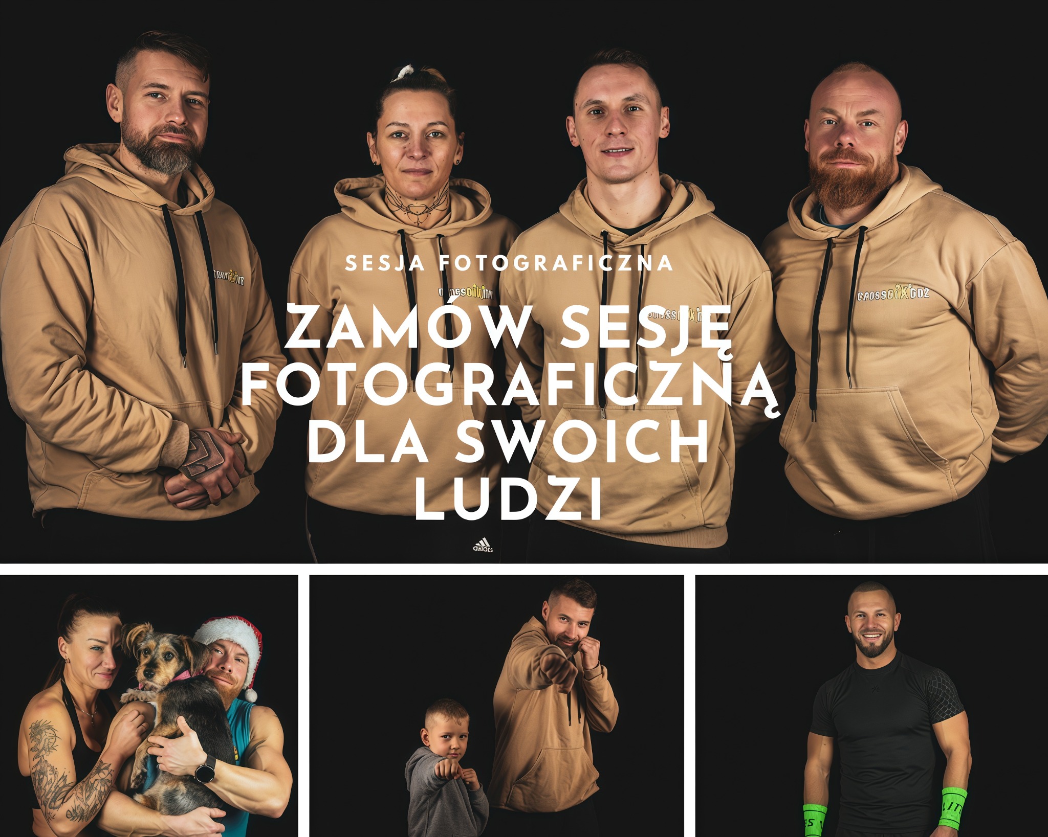 Sesja zdjęciowa: grupa osób w bluzach z kapturem, ujęcia z psem, dzieckiem i sportowcem. Czarno-beżowa kolorystyka, nowoczesny styl, studio fotograficzne.