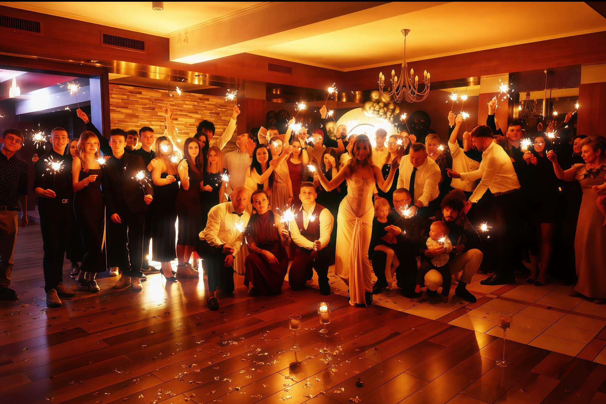 Grupa osób świętuje z zimnymi ogniami w dłoniach, w tle dekoracje i ciepłe światło, tworząc radosną atmosferę. Na pierwszym planie kieliszki i konfetti.