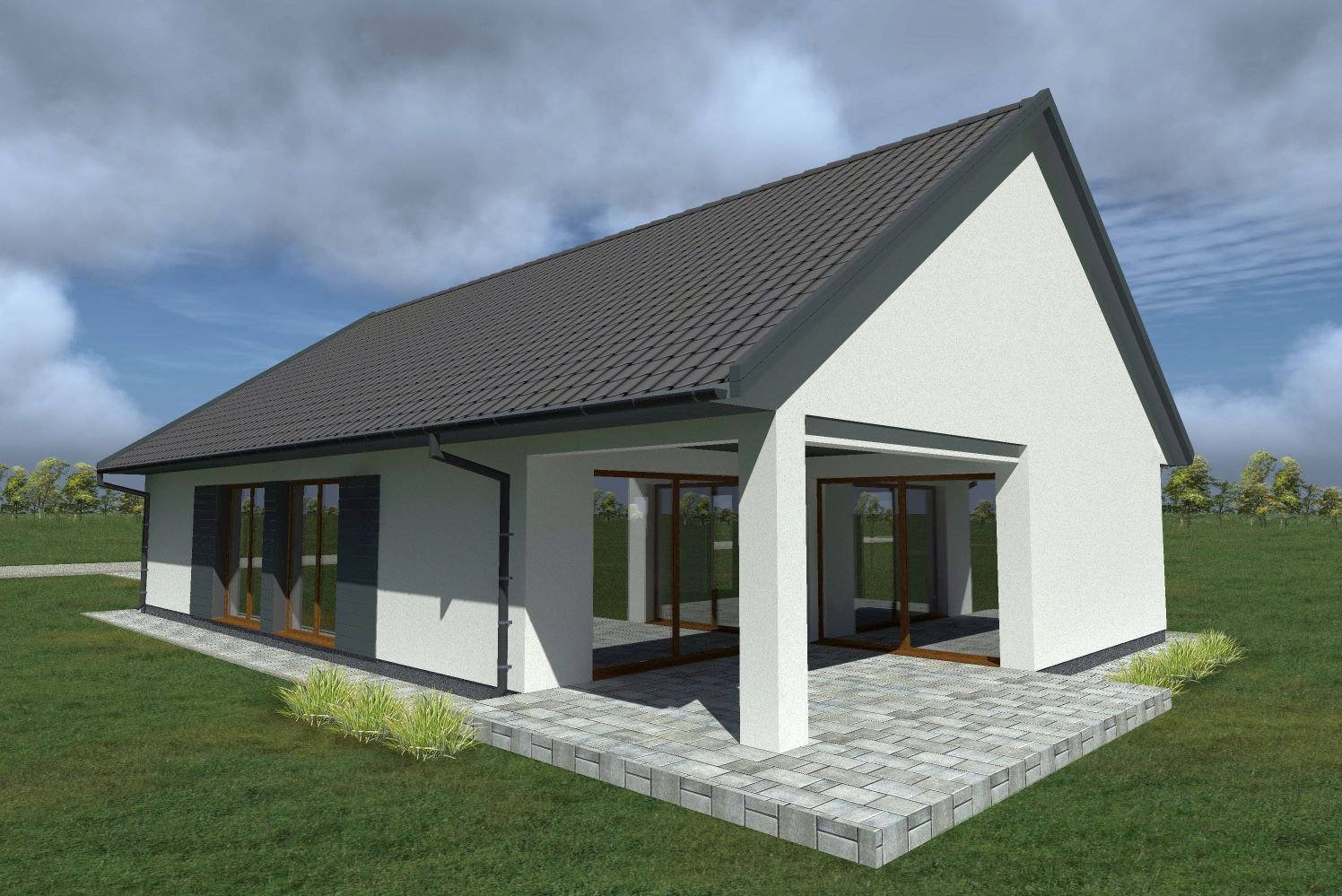Wizualizacja parterowego domu z szarym dachem i białymi ścianami. Widoczne duże okna i zadaszony taras z kamienną posadzką. Trawa i drzewa w tle.