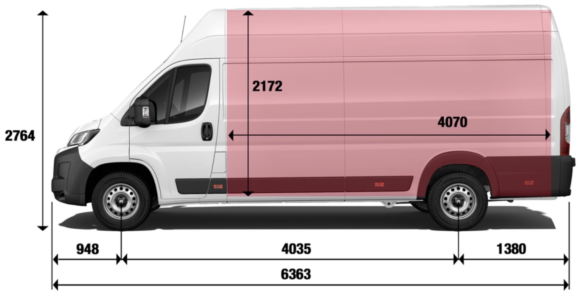 Biały bus z wymiarami oznaczonymi strzałkami i liczbami, widok z boku. Grafika informacyjna prezentująca specyfikację pojazdu.