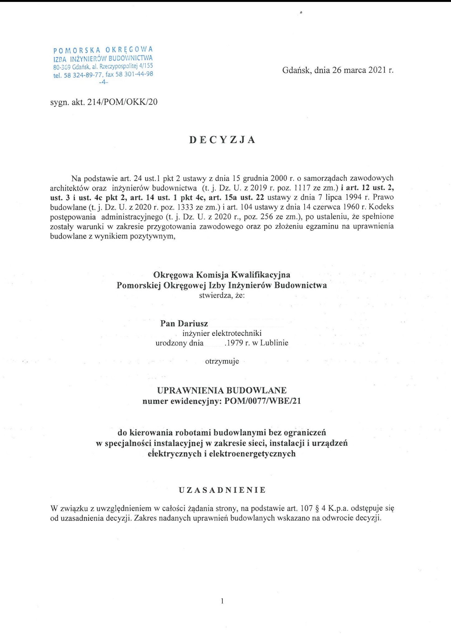 Skan decyzji o nadaniu uprawnień budowlanych w specjalności instalacyjnej w zakresie sieci, instalacji i urządzeń elektrycznych dla inżyniera elektrotechniki.