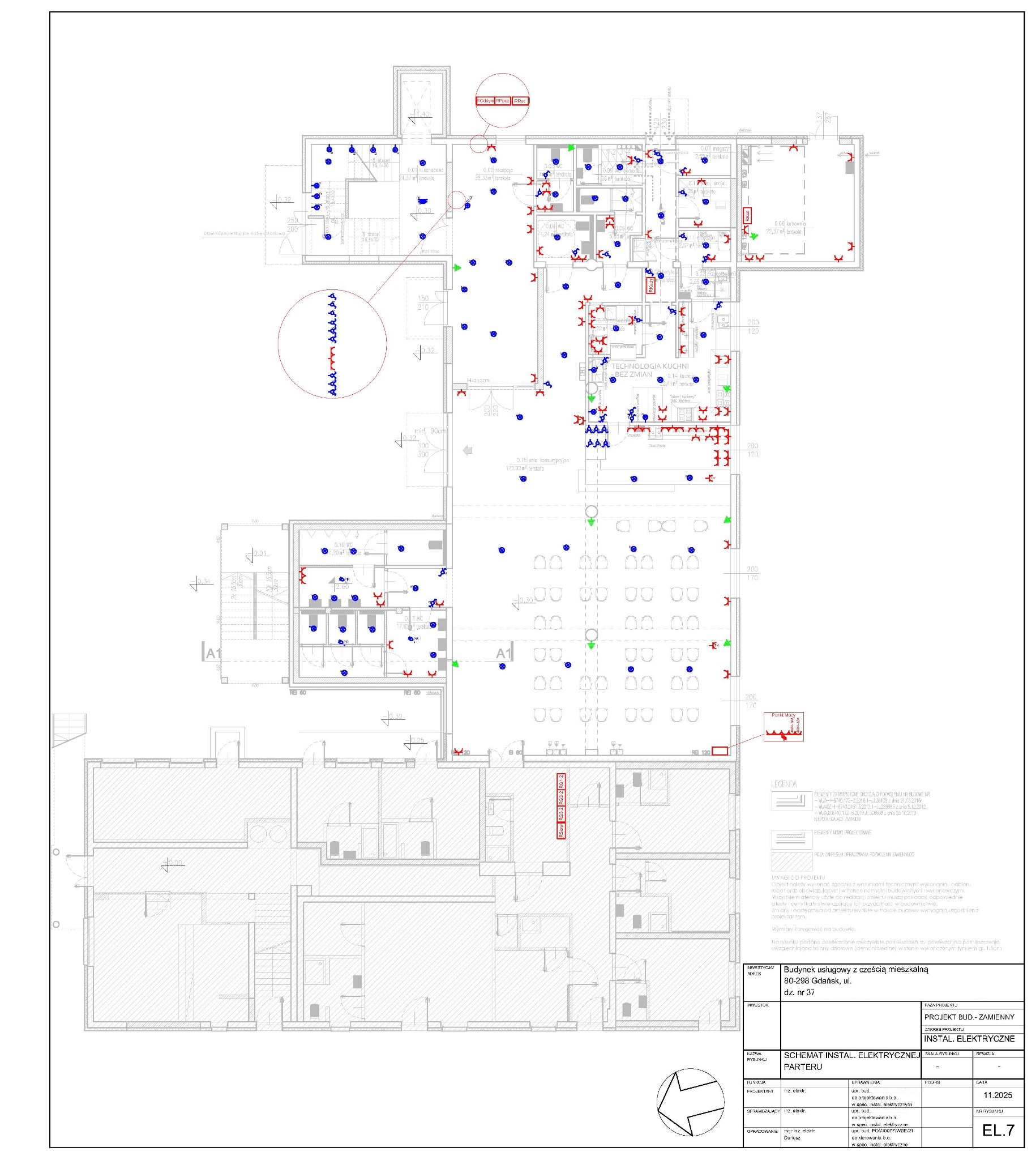 Schemat instalacji elektrycznej parteru budynku usługowego z częścią mieszkalną, z zaznaczonymi punktami oświetleniowymi i gniazdami. Rzut z góry, widoczne oznaczenia pomieszczeń.