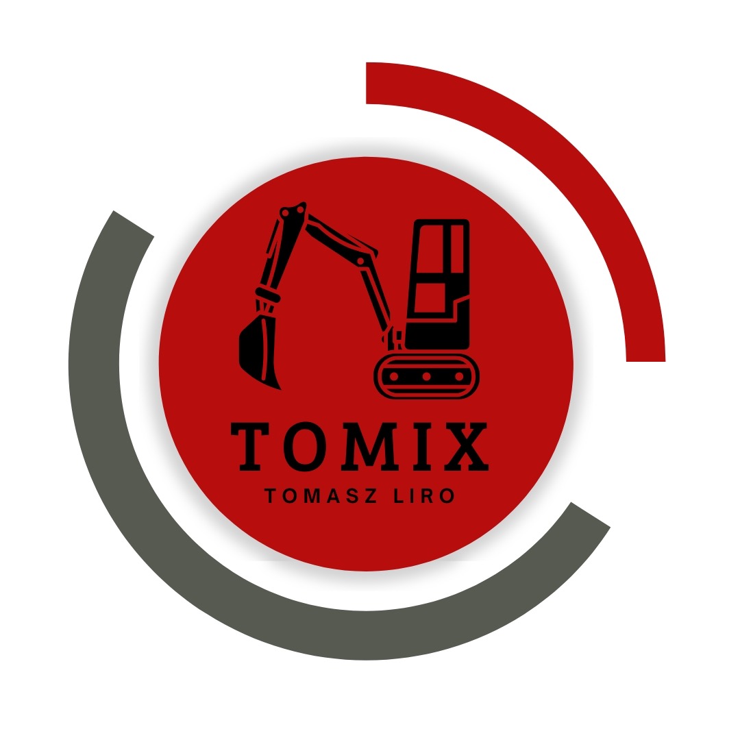 Logo firmy TOMIX Tomasz Liro z czarną grafiką koparki na czerwonym tle, otoczone szarym i czerwonym łukiem. Minimalistyczny design, wyraźna typografia.