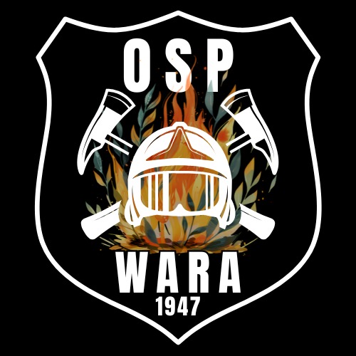 Grafika OSP Wara z hełmem strażackim, toporami i płomieniami na tle tarczy. Identyfikacja wizualna dla jednostki z Rzeszowa, rok założenia 1947.