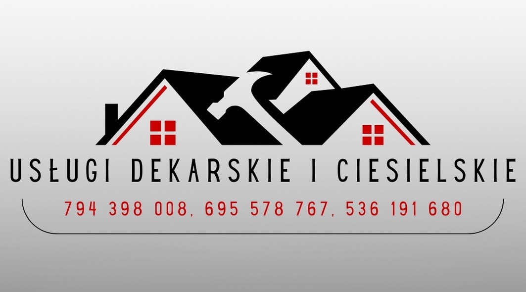 Logo firmy dekarsko-ciesielskiej: trzy domy z młotkiem, czerwone okna, czarne dachy, nazwa firmy i numery telefonów na szarym tle. Minimalistyczny design.