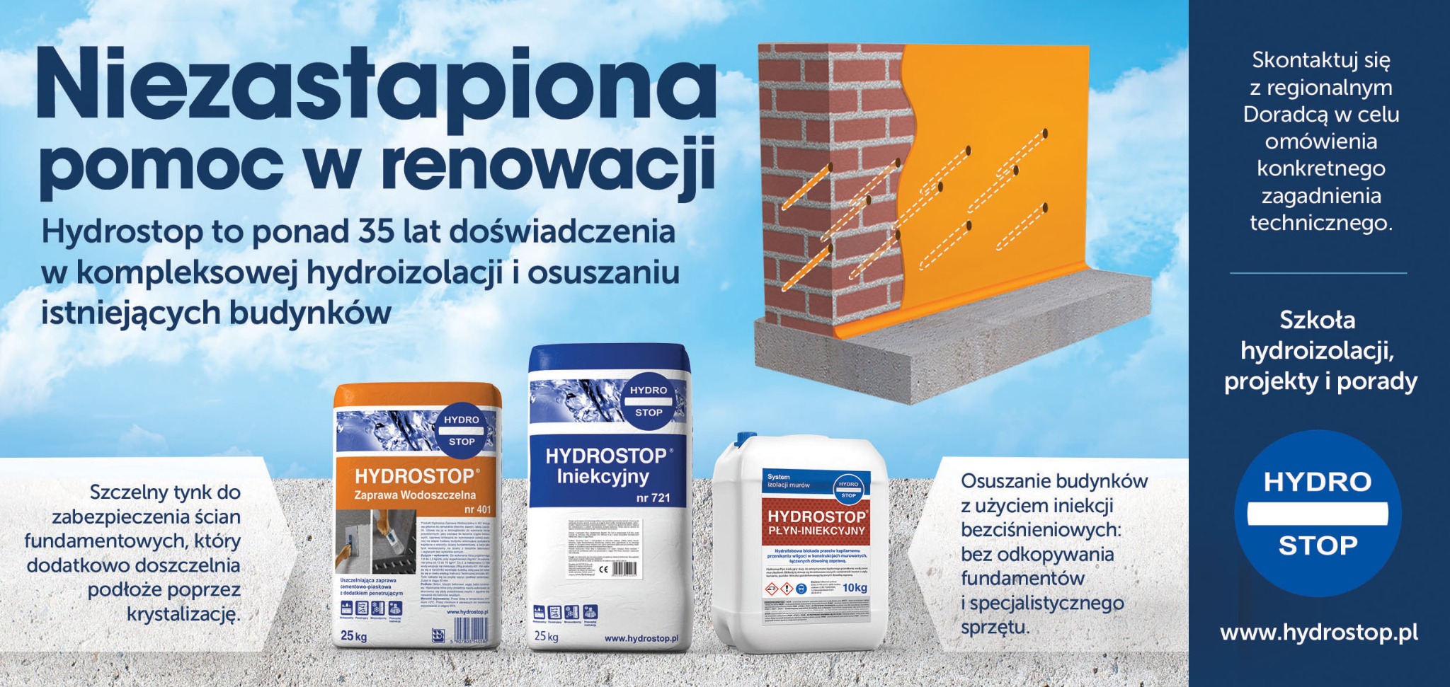 Grafika reklamowa Hydrostop: schemat izolacji muru iniekcjami, obok produkty - zaprawa wodoszczelna, płyn iniekcyjny. Hasło: Niezastąpiona pomoc w renowacji.