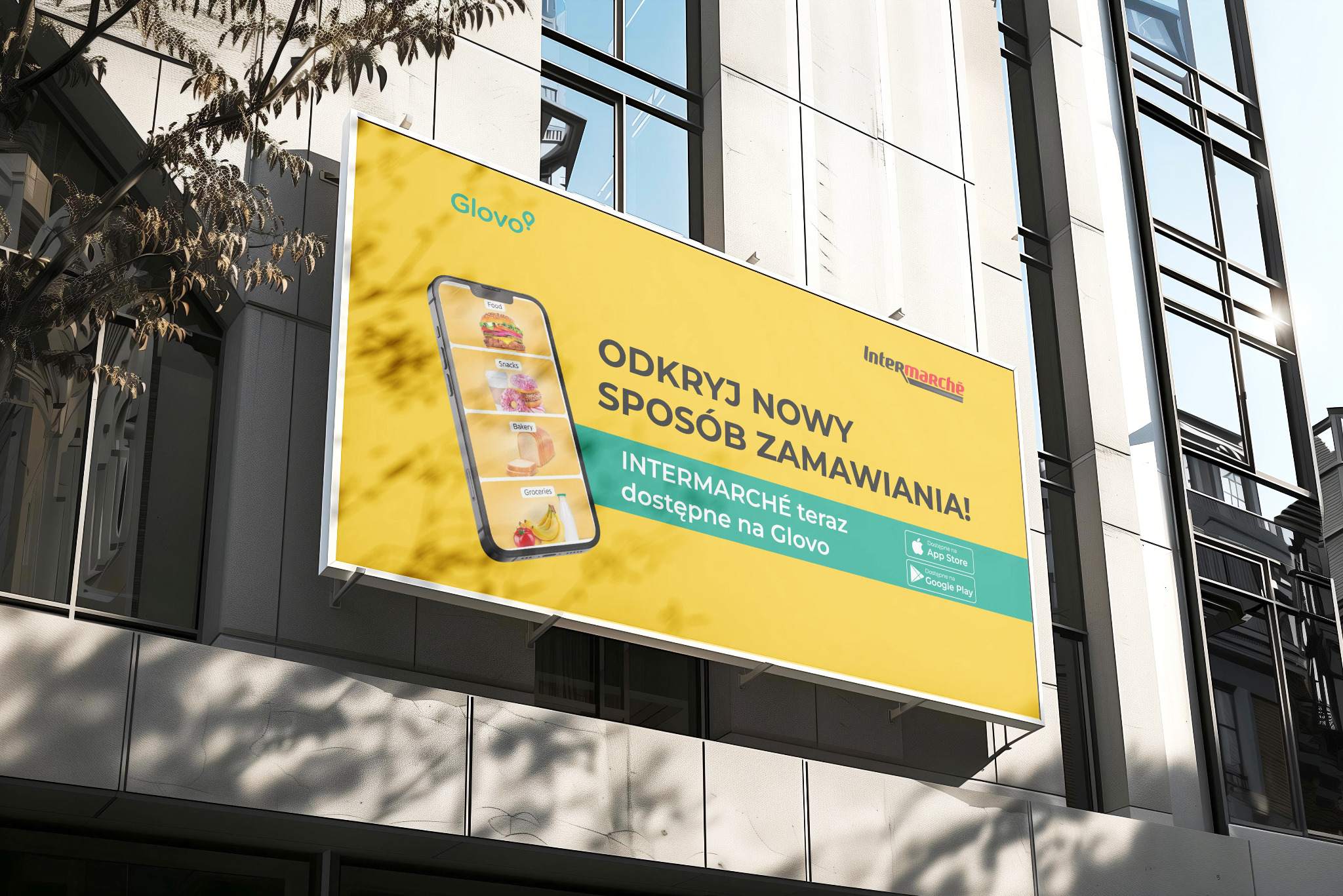 Projekt baneru informującego o współpracy Intermarche oraz Glovo