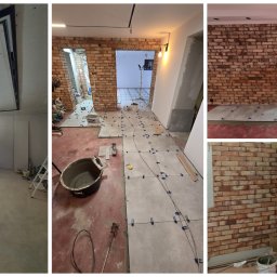 LEANDER S.C SYLWIA MATUSIEWICZ LESZEK MATUSIEWICZ - Remont wnętrza: układanie płytek podłogowych z krzyżykami dystansowymi, montaż cegły dekoracyjnej na ścianie i podwieszanego sufitu. Widoczne narzędzia i materiały budowlane.