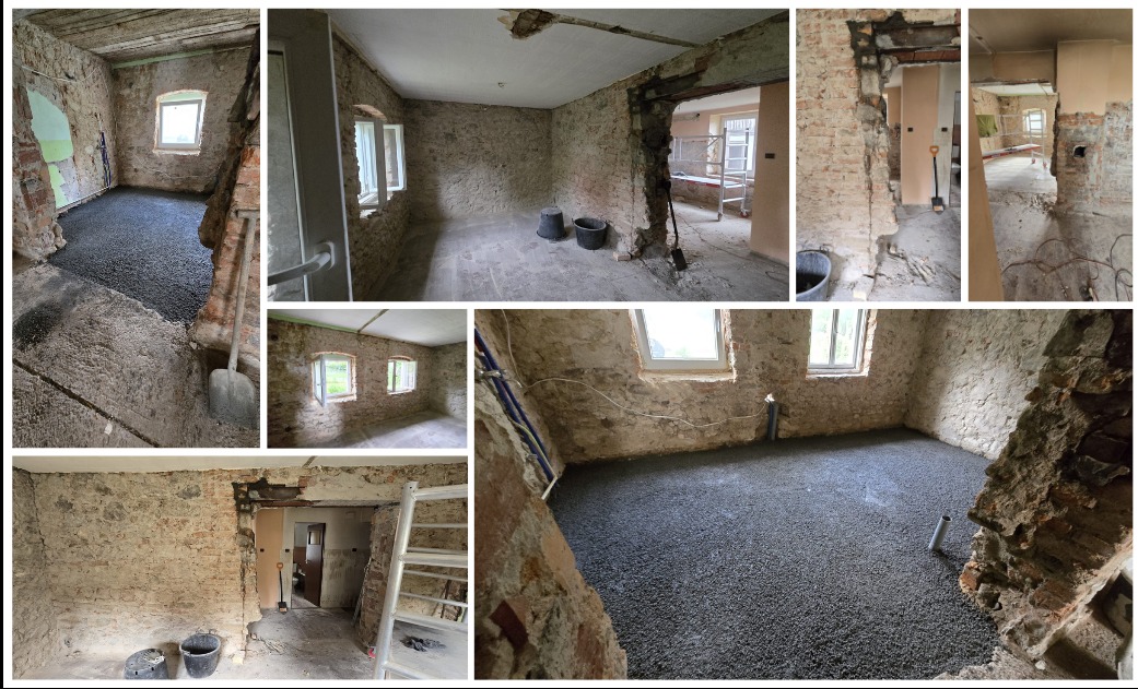 Mozaika zdjęć z remontowanego wnętrza: surowe mury, okna, wylewka podłogowa, drabina, wiadra. Widoczne etapy prac wykończeniowych w pomieszczeniu.
