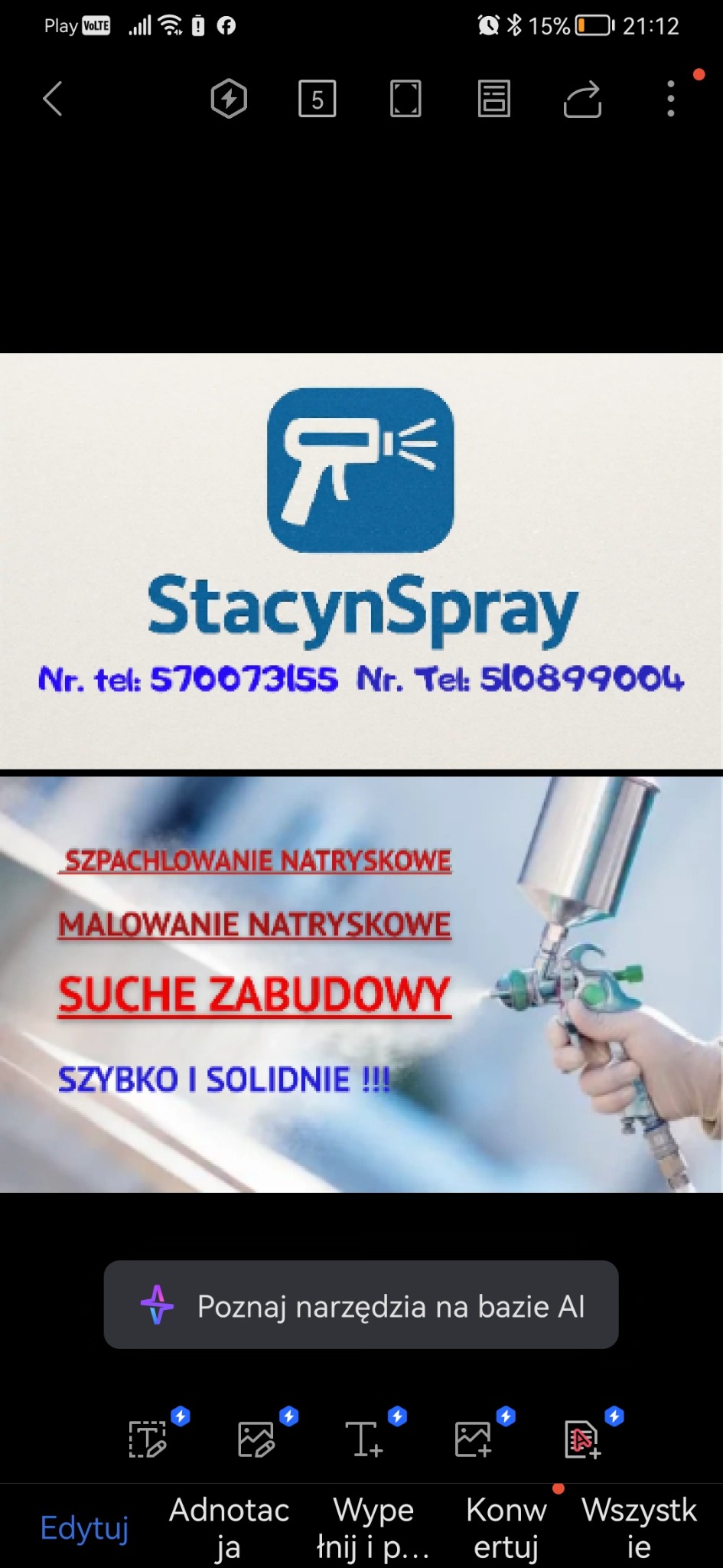 Reklama firmy StacynSpray: szpachlowanie, malowanie natryskowe i suche zabudowy. Pistolet natryskowy w dłoni. Szybko i solidnie.
