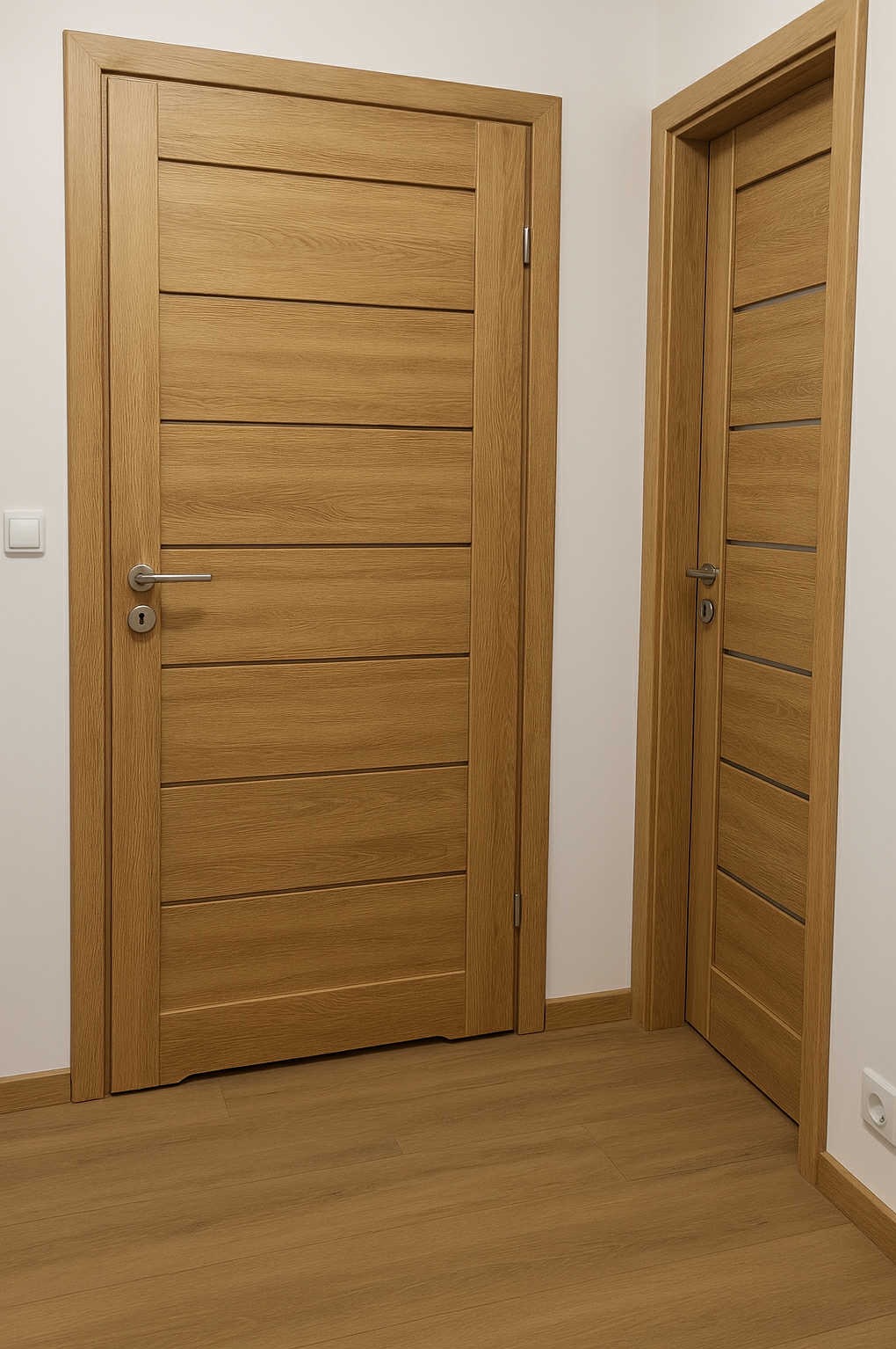 Dwie drewniane, nowoczesne drzwi wewnętrzne z poziomymi panelami, zamontowane w białej ścianie. Widoczna podłoga z paneli w odcieniach brązu i beżu.