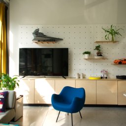 ZPHU Budziński&Motyka s.c. - Jasne wnętrze pokoju z szafką RTV z jasnego drewna, na której stoi telewizor. Na ścianie półki z dekoracjami. W pokoju sofa i niebieski fotel.