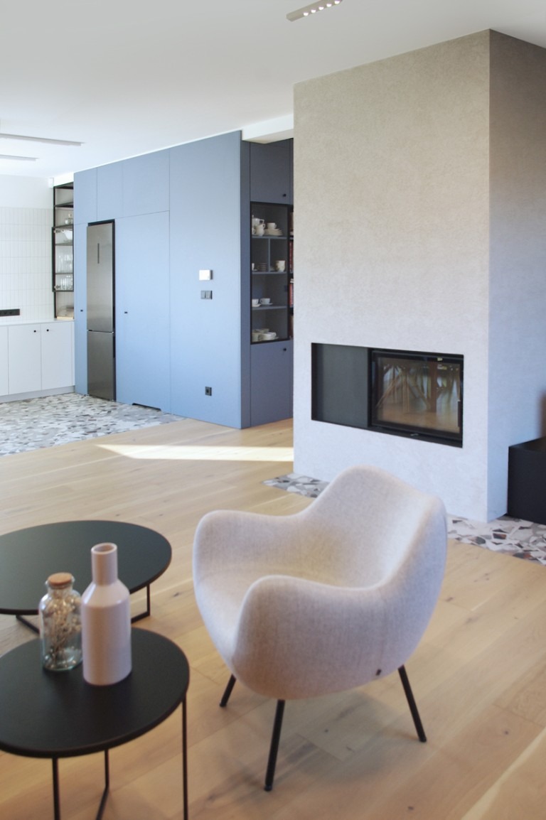 Nowoczesne wnętrze: zabudowa kuchenna w odcieniach szarości, minimalistyczny kominek i fotel w stylu skandynawskim. Parkiet z jasnego drewna i mozaika na podłodze.