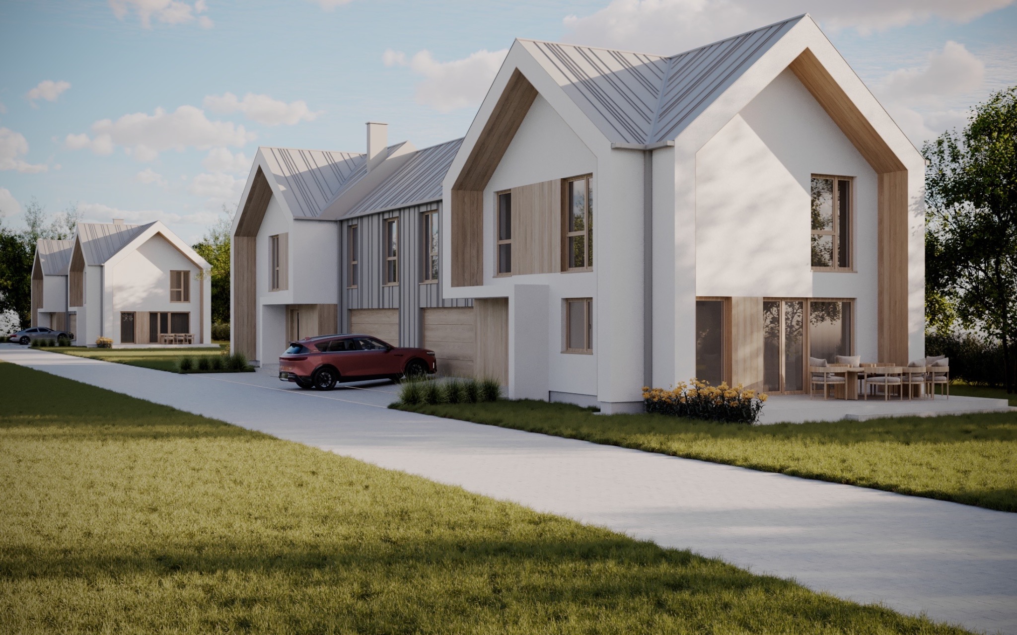 Wizualizacja szeregu nowoczesnych domów z białymi elewacjami i szarymi dachami. Czerwony samochód zaparkowany przed jednym z budynków. Widoczny trawnik i fragment tarasu.