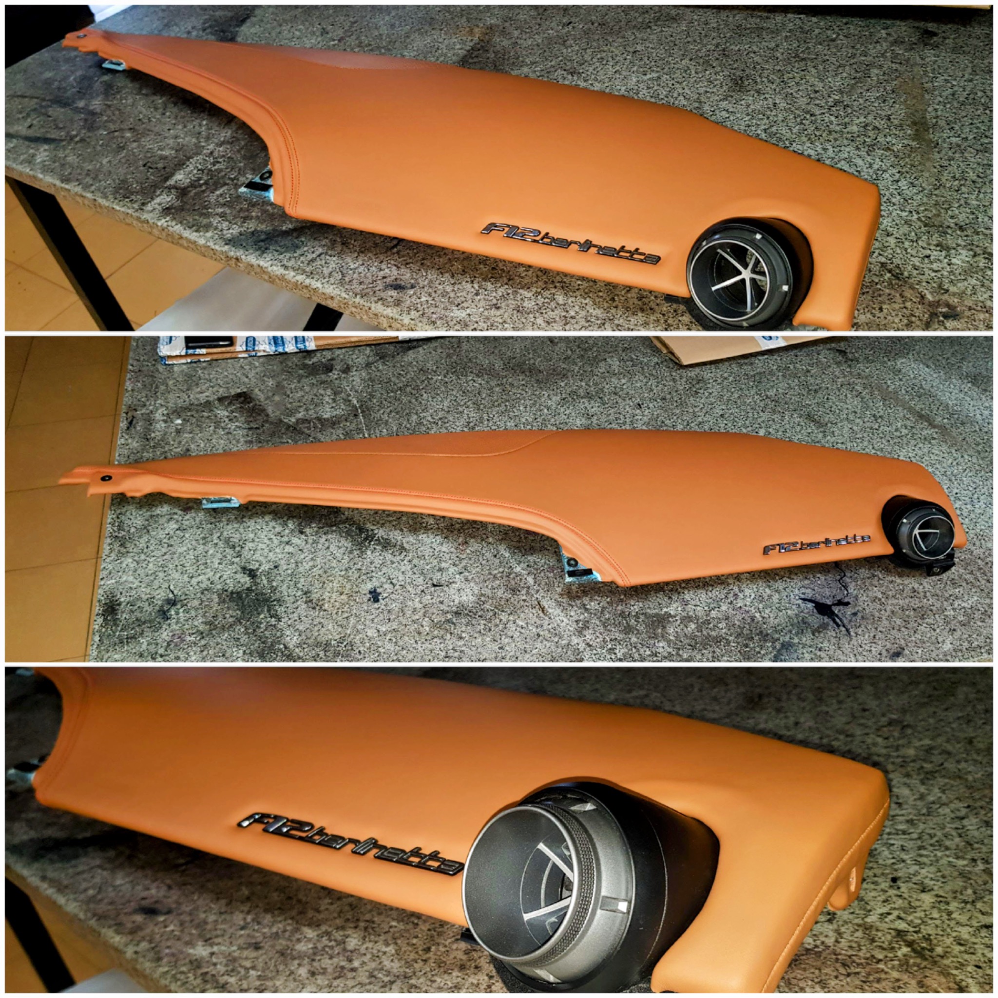 Panel deski rozdzielczej Ferrari F12berlinetta po renowacji tapicerskiej, pokryty skórą w odcieniu karmelowym, z widocznym głośnikiem i logo modelu.