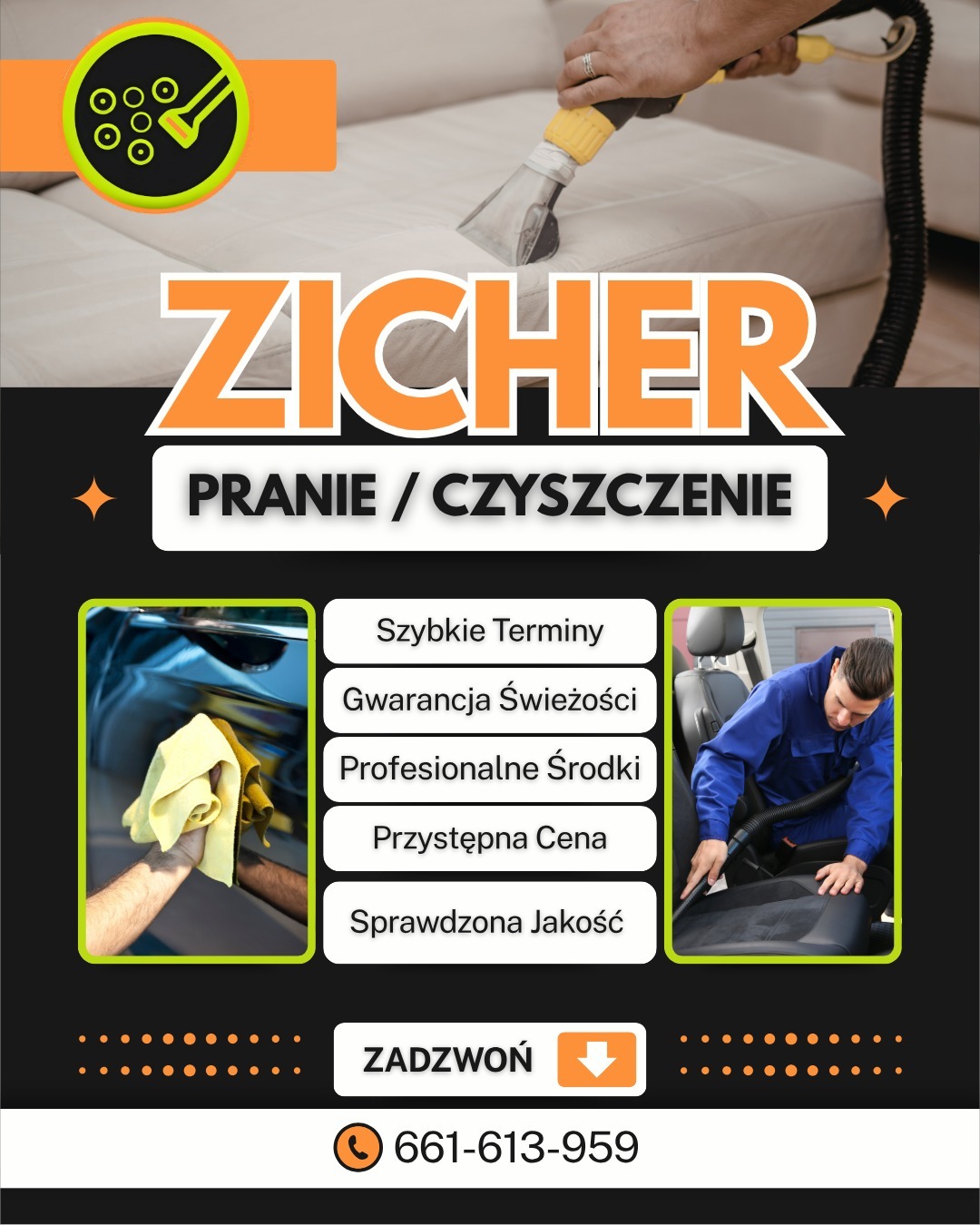 Czyszczenie tapicerki meblowej z użyciem odkurzacza piorącego. Grafika reklamowa z hasłami: szybkie terminy, gwarancja świeżości, profesjonalne środki, przystępna cena.