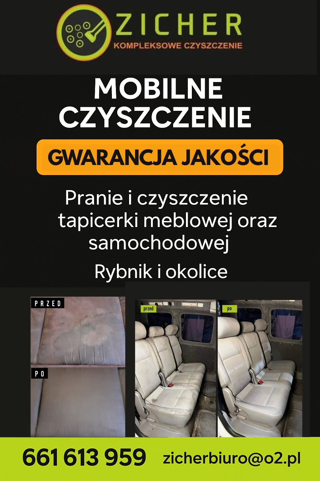 Mobilne czyszczenie tapicerki meblowej i samochodowej z gwarancją jakości. Zdjęcia 'przed' i 'po' prania kanapy i foteli w busie. Rybnik i okolice.