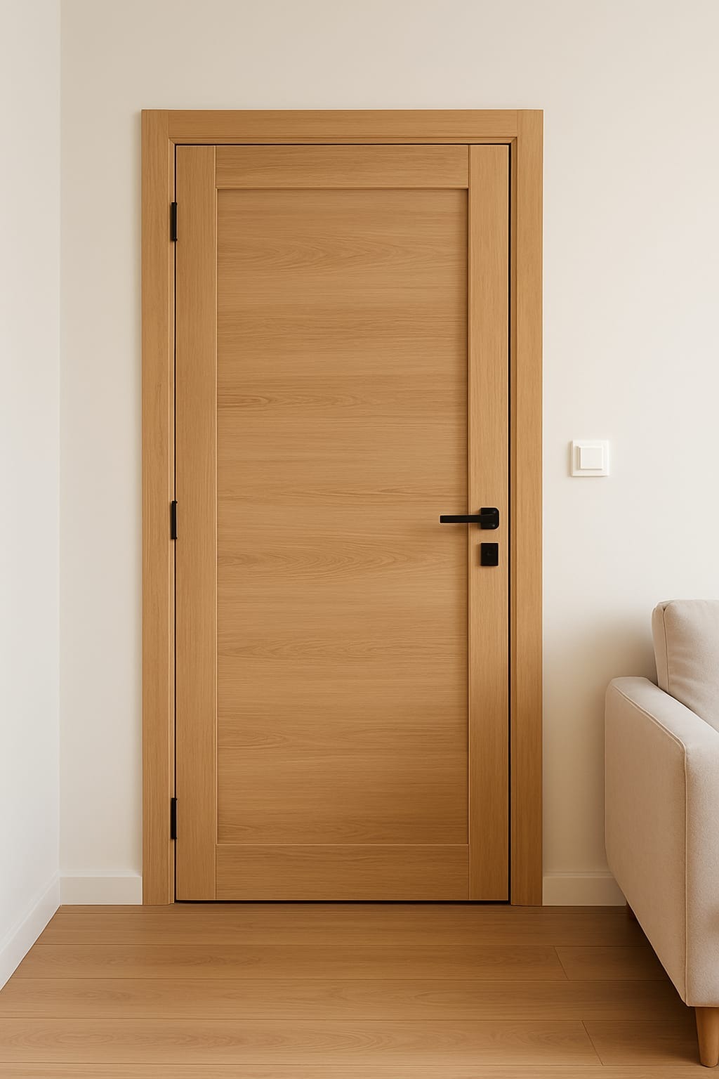 Zamknięte, drewniane drzwi wewnętrzne z czarną klamką, w jasnym wnętrzu. Widoczny fragment sofy i podłogi z paneli. Minimalistyczny design.