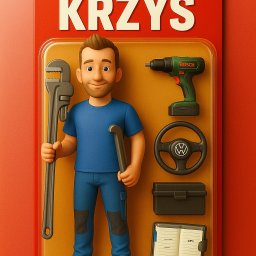 6/4 CALA - Karykatura hydraulika 'Krzyś' w opakowaniu zabawki. Postać z kluczem nastawnym, wiertarką Bosch, kierownicą VW, skrzynką narzędziową i notatnikiem na czerwonym tle.