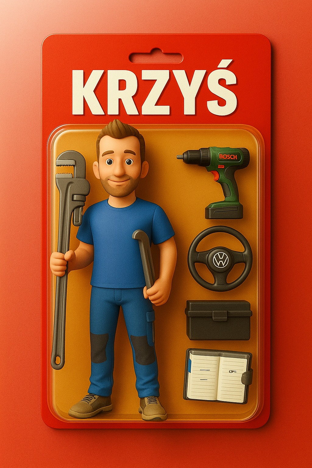 Karykatura hydraulika 'Krzyś' w opakowaniu zabawki. Postać z kluczem nastawnym, wiertarką Bosch, kierownicą VW, skrzynką narzędziową i notatnikiem na czerwonym tle.