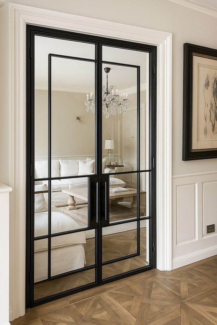 Eleganckie, dwuskrzydłowe drzwi wewnętrzne z czarnymi szprosami i przezroczystym szkłem, odbijające wnętrze salonu z kryształowym żyrandolem i parkietem.