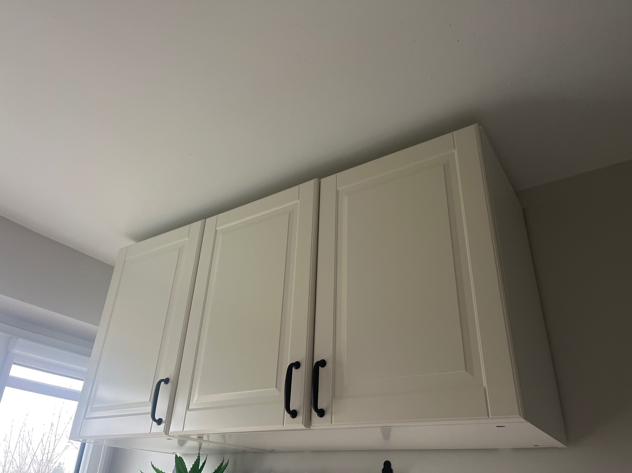 Białe szafki kuchenne wiszące z czarnymi uchwytami, widok z dołu, z fragmentem okna i rośliny w tle. Ujęcie podkreśla detale wykończenia.