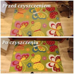 Pranie tapicerki meblowej. - Dywan dziecięcy z motywem motyli, zielone tło. Porównanie stanu przed i po czyszczeniu, widoczne różnice w intensywności kolorów i ogólnej czystości.