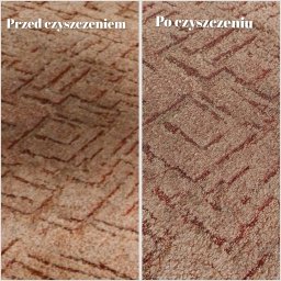 Pranie tapicerki meblowej. - Dywan w odcieniach beżu i czerwieni, podzielony pionowo na dwie części: 'Przed czyszczeniem' z widocznymi zabrudzeniami i 'Po czyszczeniu' z odświeżonym kolorem.