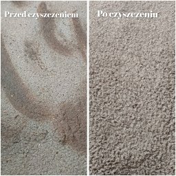 Pranie tapicerki meblowej. - Dywan w odcieniach szarości, podzielony na dwie części: zabrudzoną 'Przed czyszczeniem' i czystą 'Po czyszczeniu'. Widoczne różnice w strukturze i kolorze włókien.