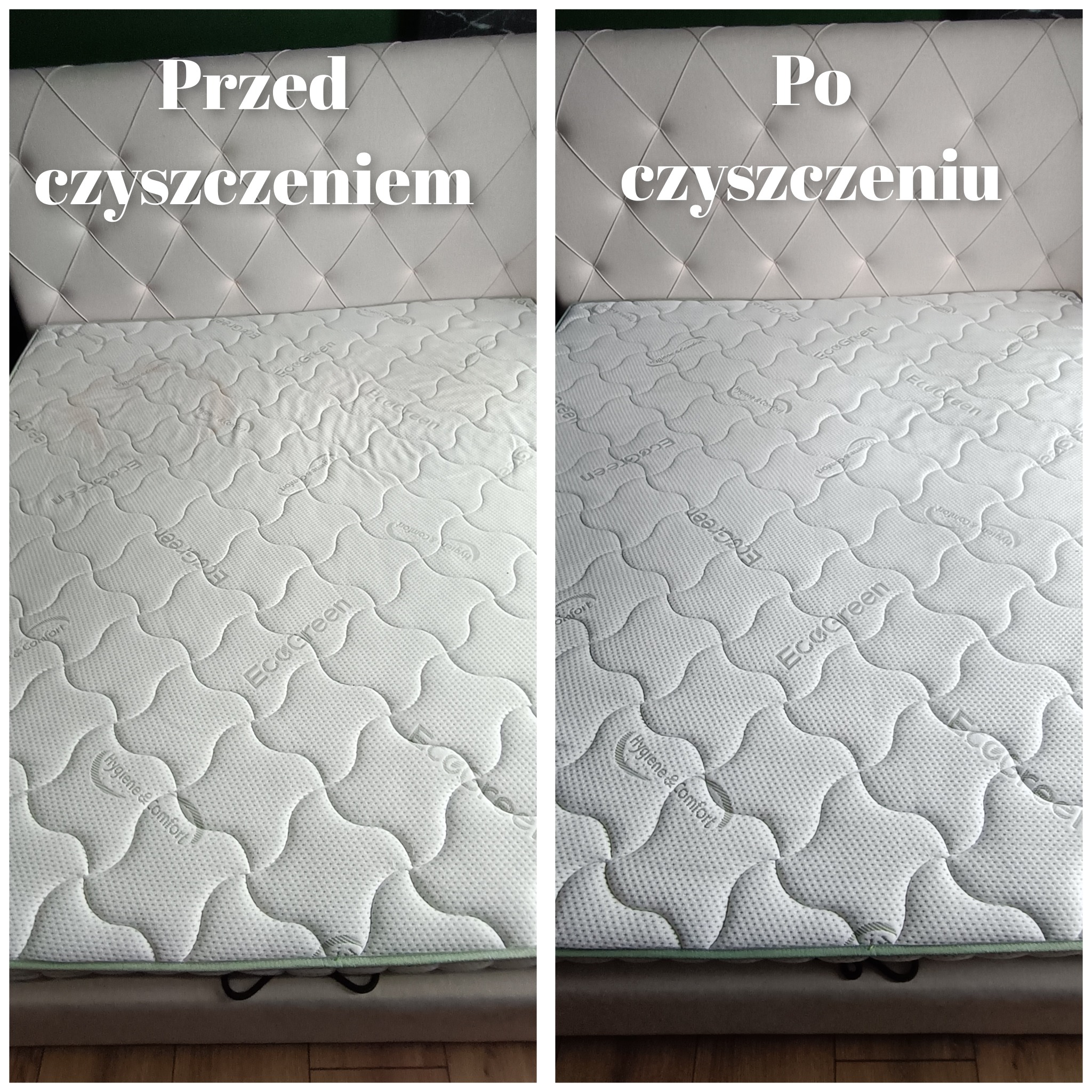 Materac z widocznymi plamami (przed) i czysty (po). Prezentacja efektu czyszczenia materaca z tapicerowanym zagłówkiem. Ujęcie typu 'przed i po'.