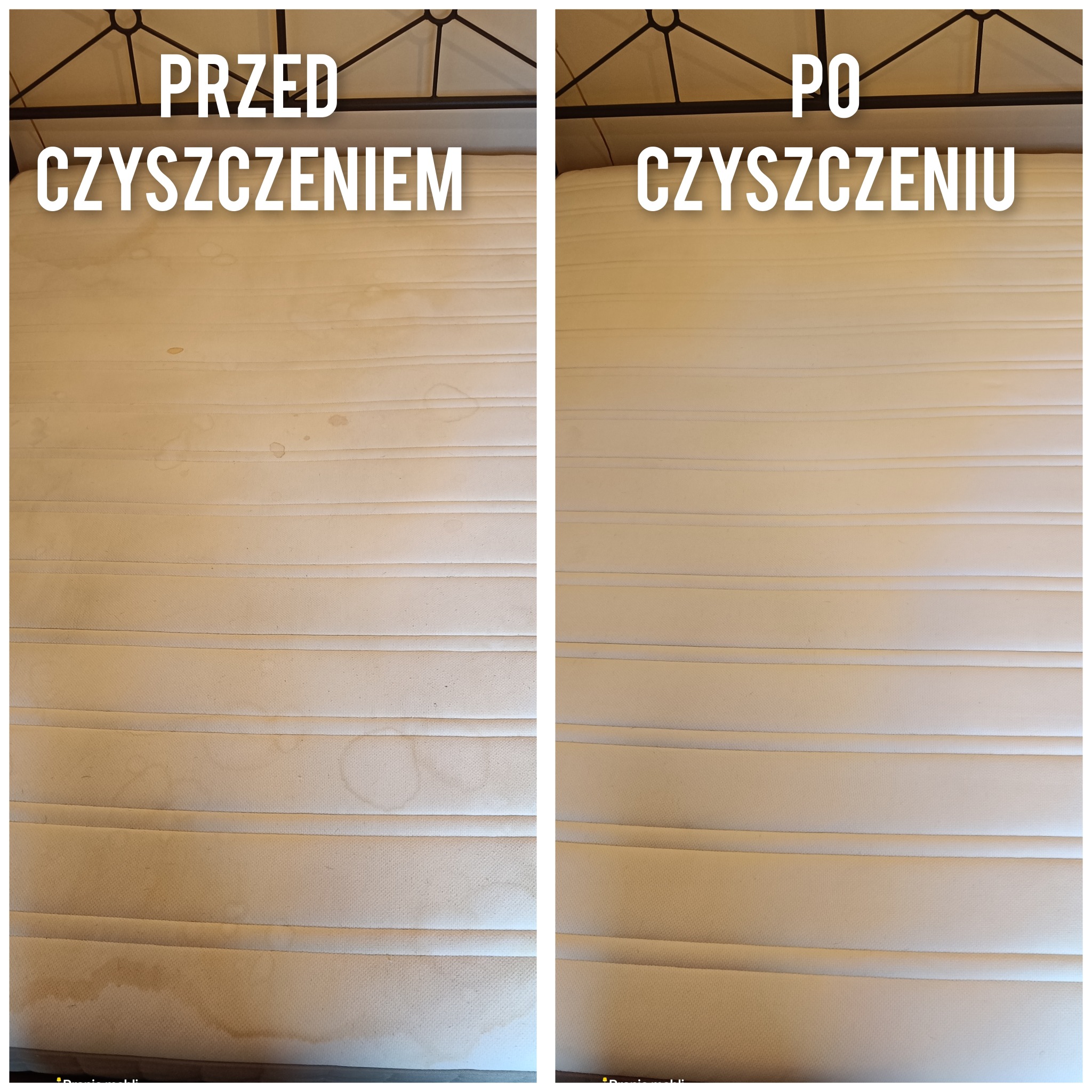 Materac z widocznymi plamami po lewej stronie i czysty po prawej, ukazujący efekt prania. Ujęcie z góry, z napisem 'Przed czyszczeniem' i 'Po czyszczeniu'.