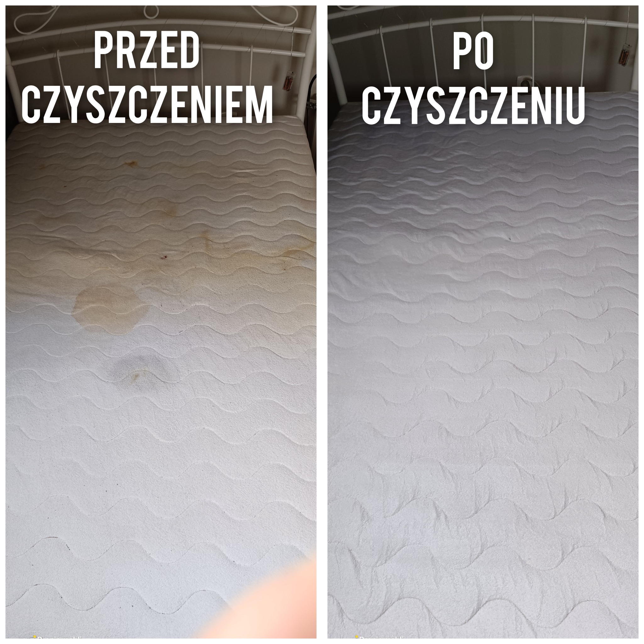 Materac z widocznymi plamami (PRZED) i czysty (PO) na białej ramie łóżka. Porównanie efektu czyszczenia, ukazujące skuteczność usługi. Ujęcie z góry.