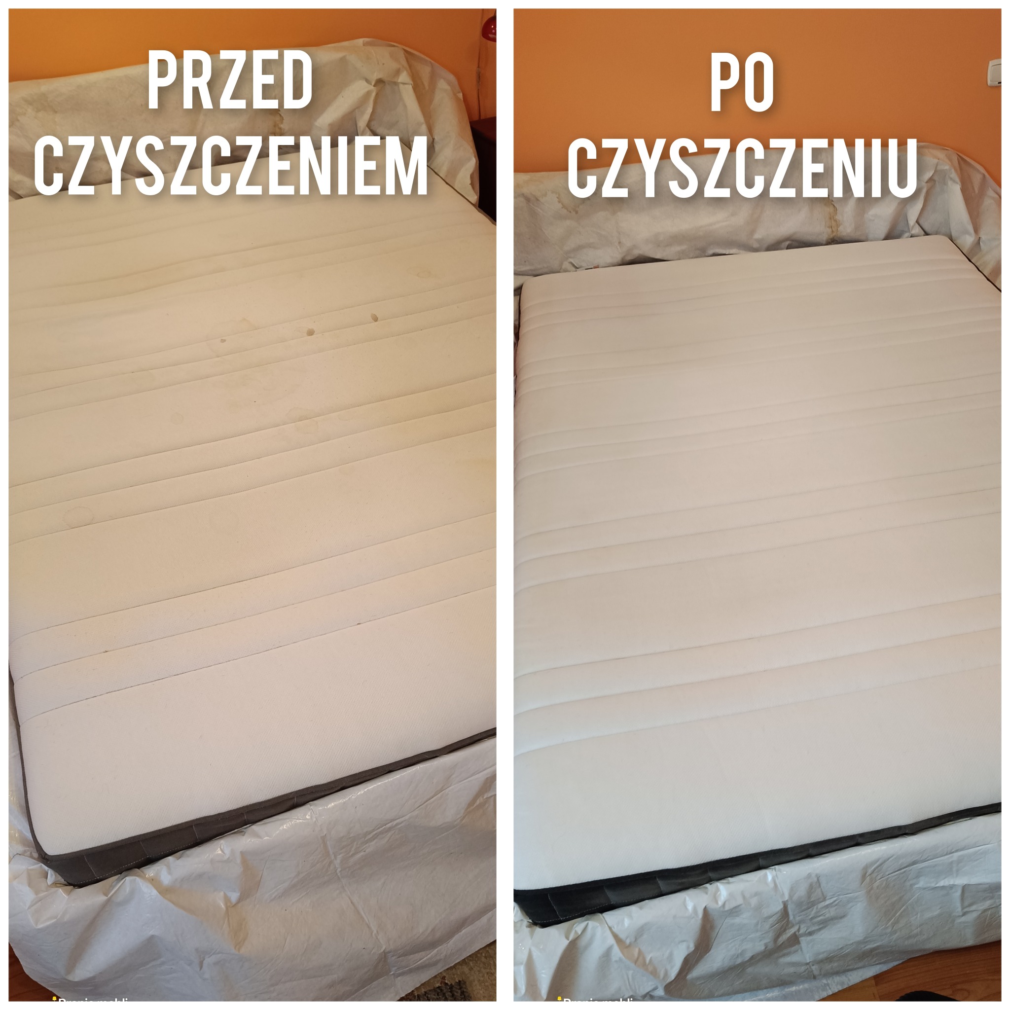 Materac z widocznymi plamami 'przed' i czysty 'po' zabiegu. Prezentacja efektu prania materaca z wyraźną różnicą w czystości i wyglądzie.