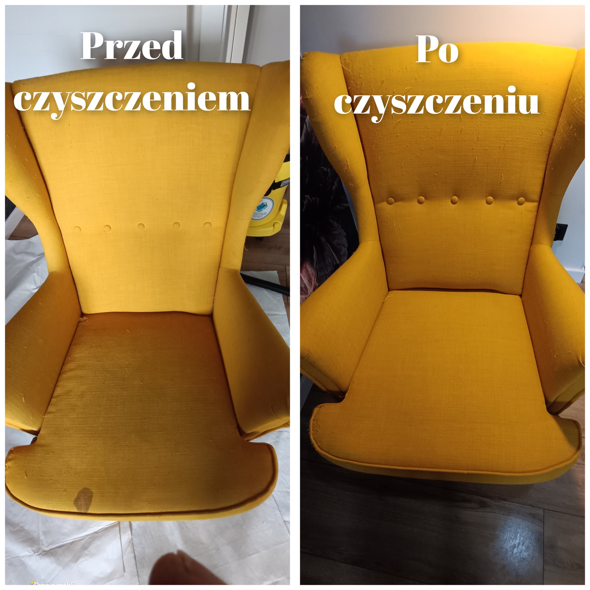 Żółty fotel typu uszak przed i po czyszczeniu. Widoczna plama na siedzisku przed, brak plamy po. Porównanie efektu prania tapicerki.