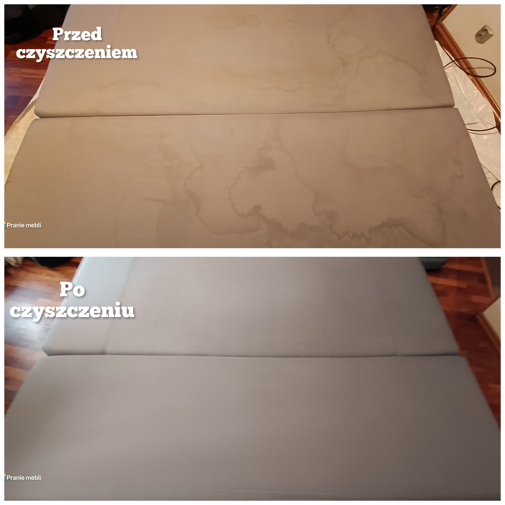 Dwuetapowe ujęcie: tapicerka kanapy z plamami 'przed' i idealnie czysta 'po' zabiegu. Widoczne różnice w odcieniach i fakturze materiału. Efekt czyszczenia.