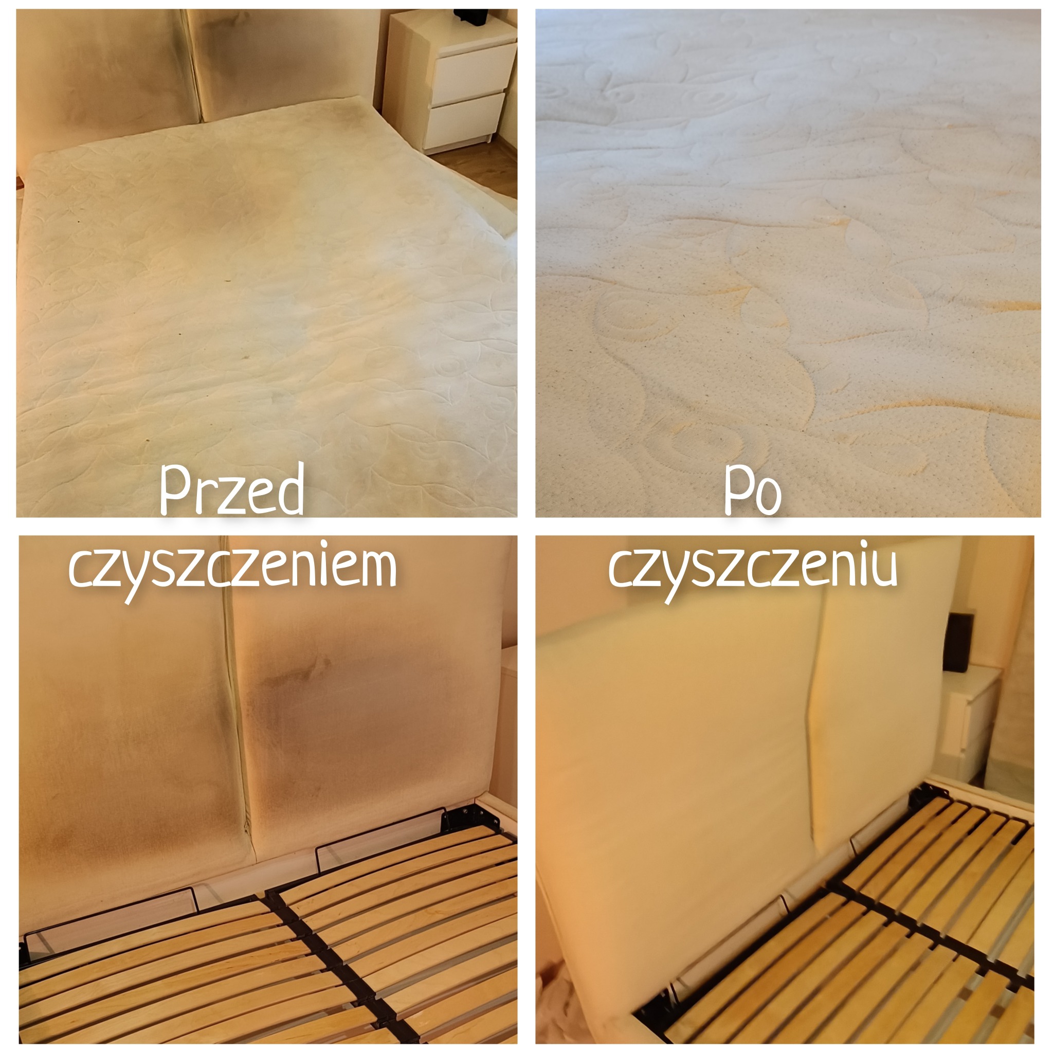 Materac i zagłówek łóżka w układzie 'przed i po' czyszczeniu. Widoczne wyraźne różnice w czystości tapicerki, szczególnie na zagłówku.
