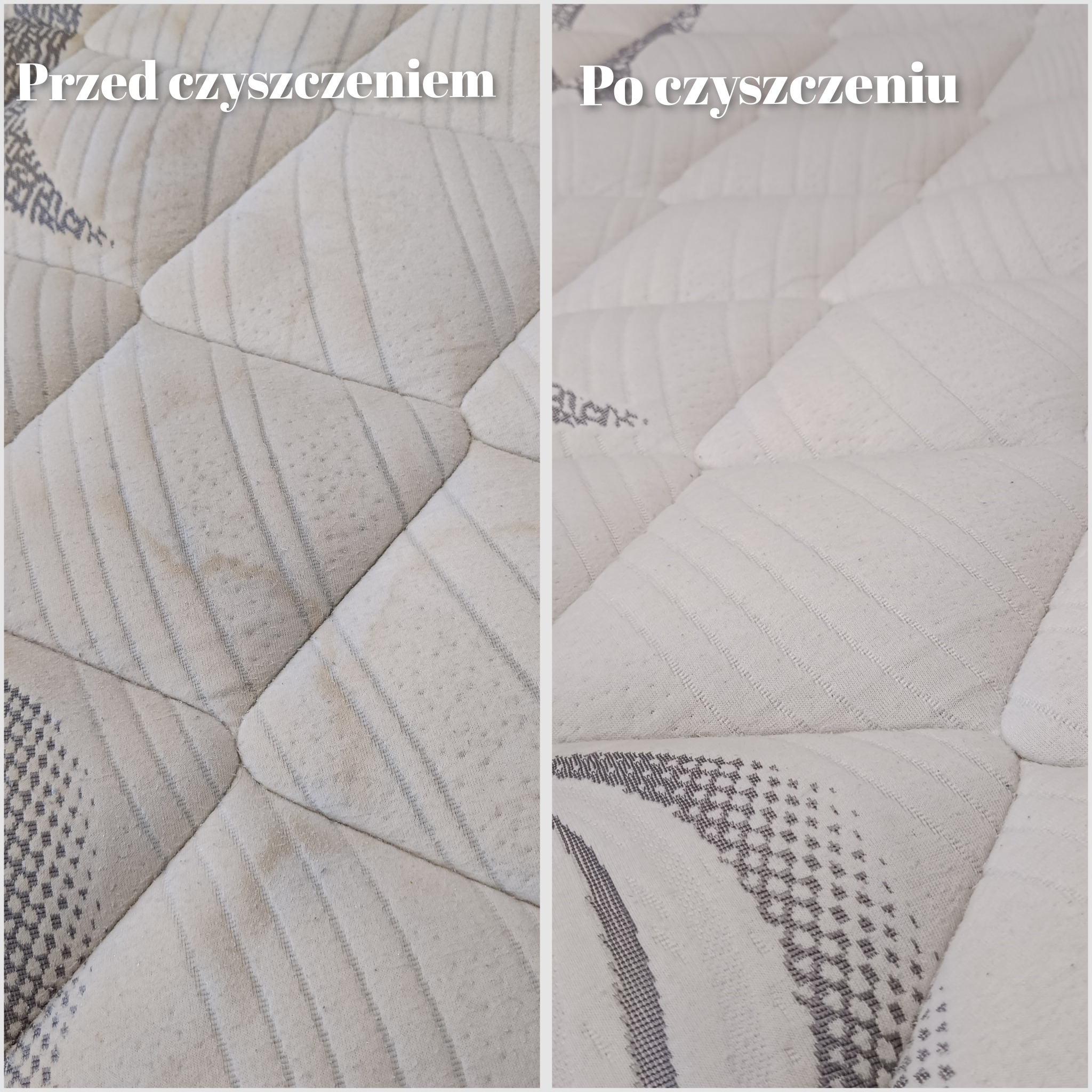 Materac z widocznymi plamami 'przed' i czysty 'po' zabiegu. Jasna tapicerka z geometrycznym wzorem. Prezentacja efektu prania materaca.