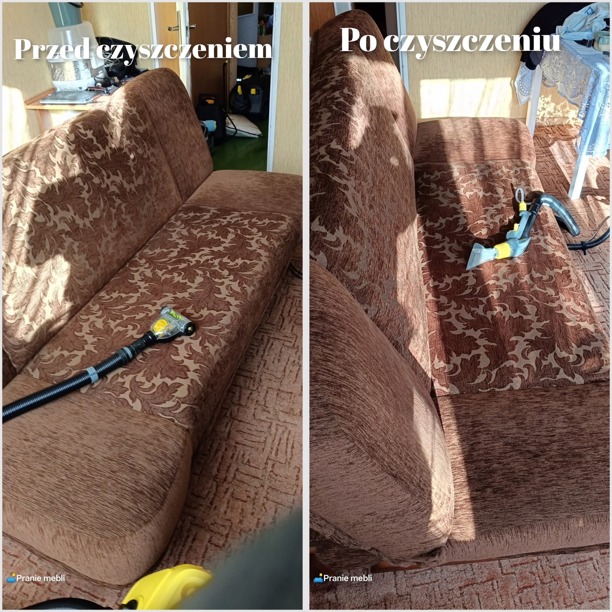 Brązowa kanapa w kwiaty: po lewej - przed czyszczeniem, widoczny odkurzacz piorący; po prawej - po czyszczeniu, odświeżona tapicerka, brak plam.