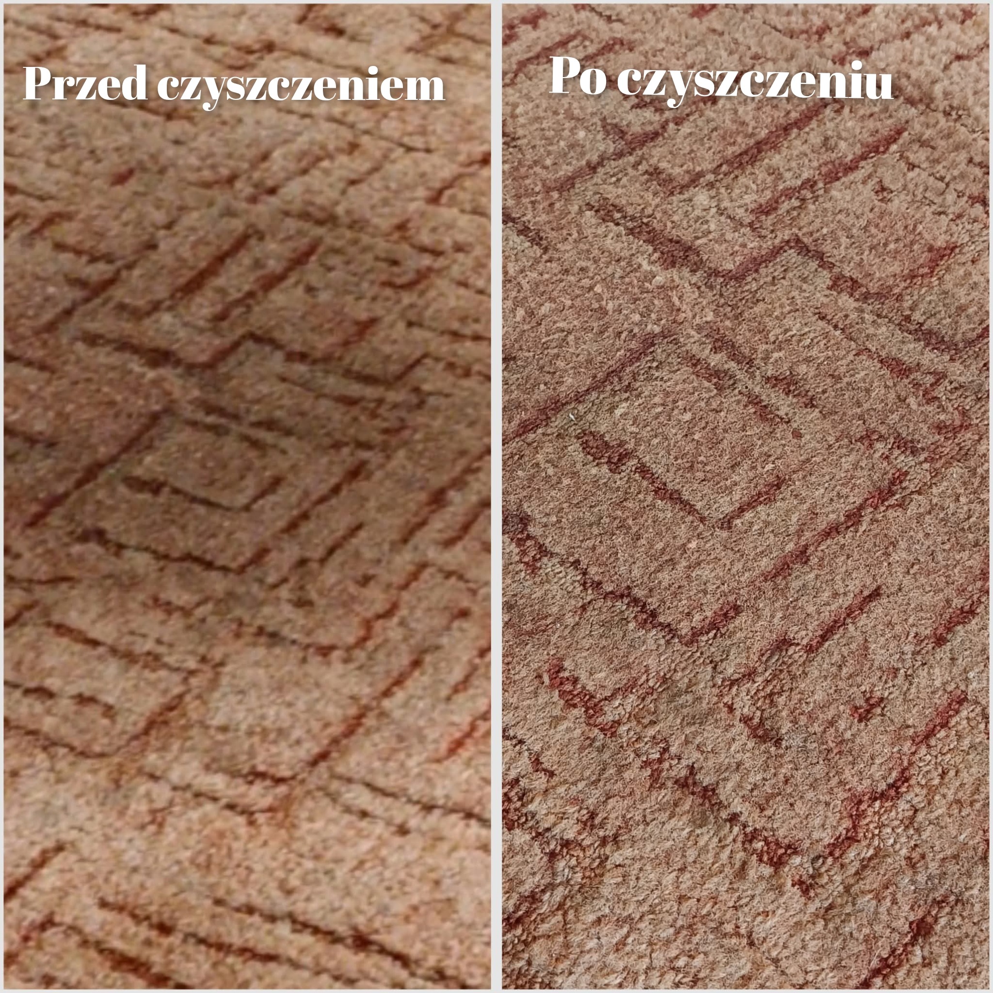 Dywan w odcieniach beżu i czerwieni, podzielony pionowo na dwie części: 'Przed czyszczeniem' z widocznymi zabrudzeniami i 'Po czyszczeniu' z odświeżonym kolorem.