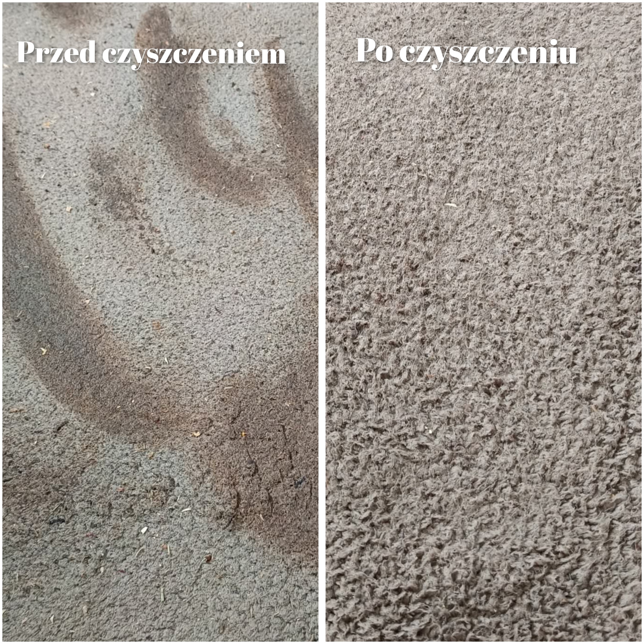 Dywan w odcieniach szarości, podzielony na dwie części: zabrudzoną 'Przed czyszczeniem' i czystą 'Po czyszczeniu'. Widoczne różnice w strukturze i kolorze włókien.