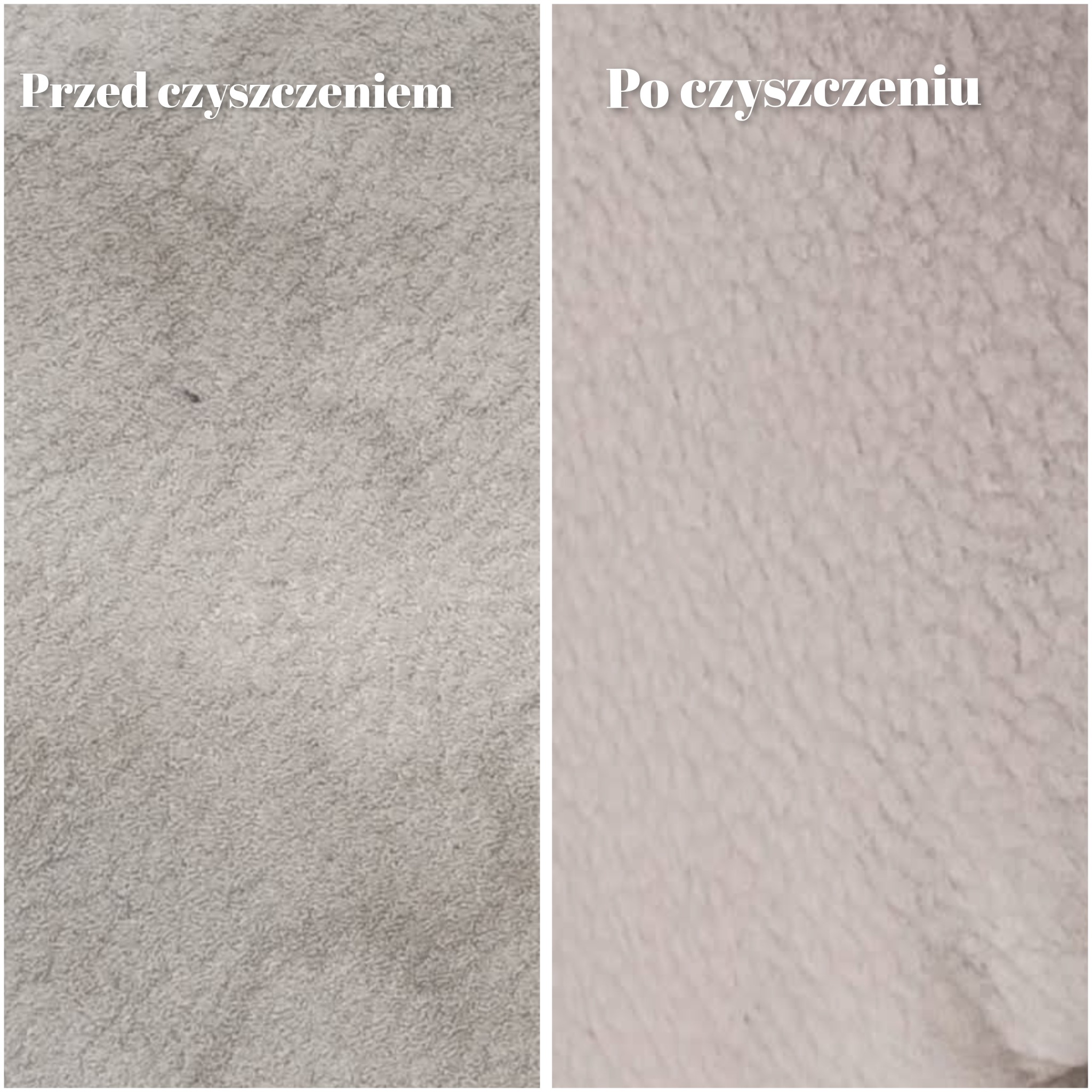 Zdjęcie 'przed i po' prania tapicerki w zbliżeniu. Po lewej widoczny brudny materiał, po prawej czysty, jaśniejszy odcień. Tekst informacyjny na zdjęciu.