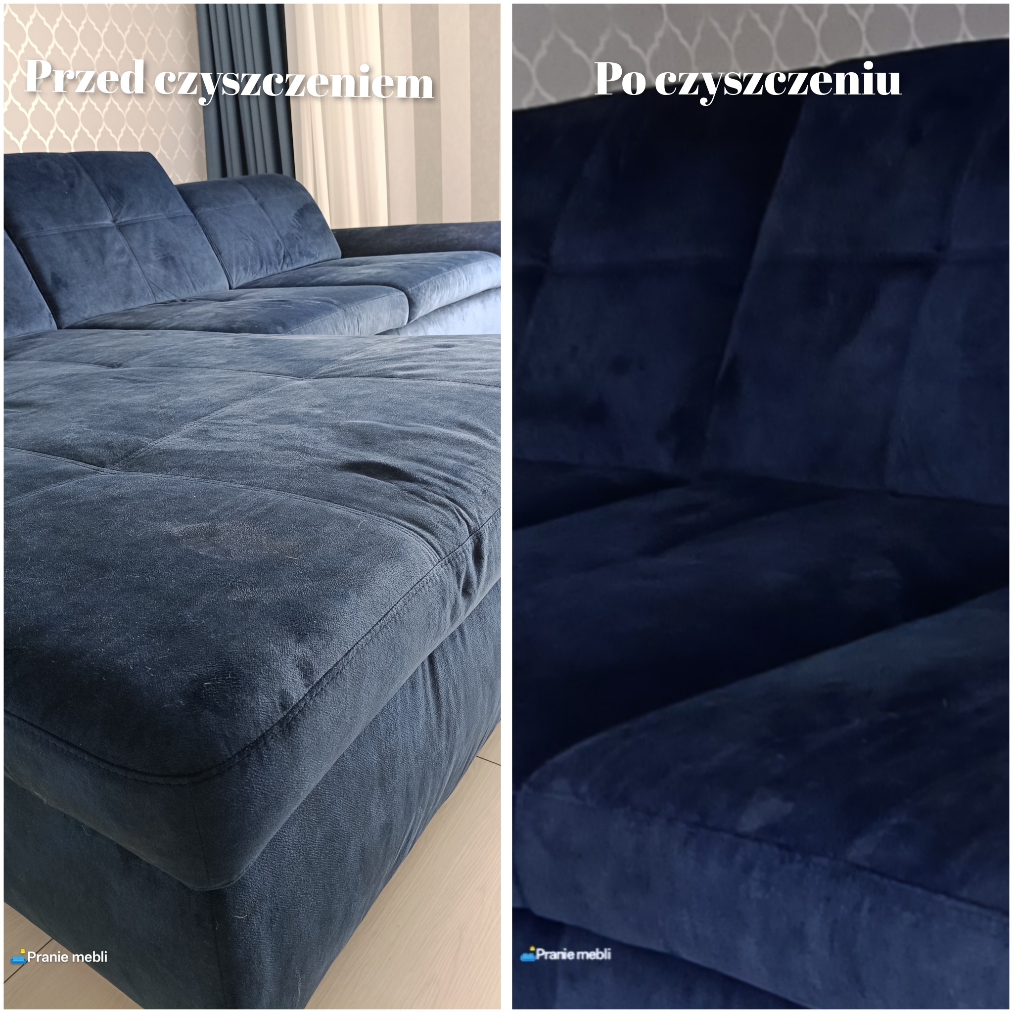 Zdjęcie 'przed i po' czyszczenia narożnika z ciemnej tkaniny. Po lewej stronie widoczny narożnik przed czyszczeniem, po prawej - ten sam narożnik po profesjonalnym czyszczeniu.