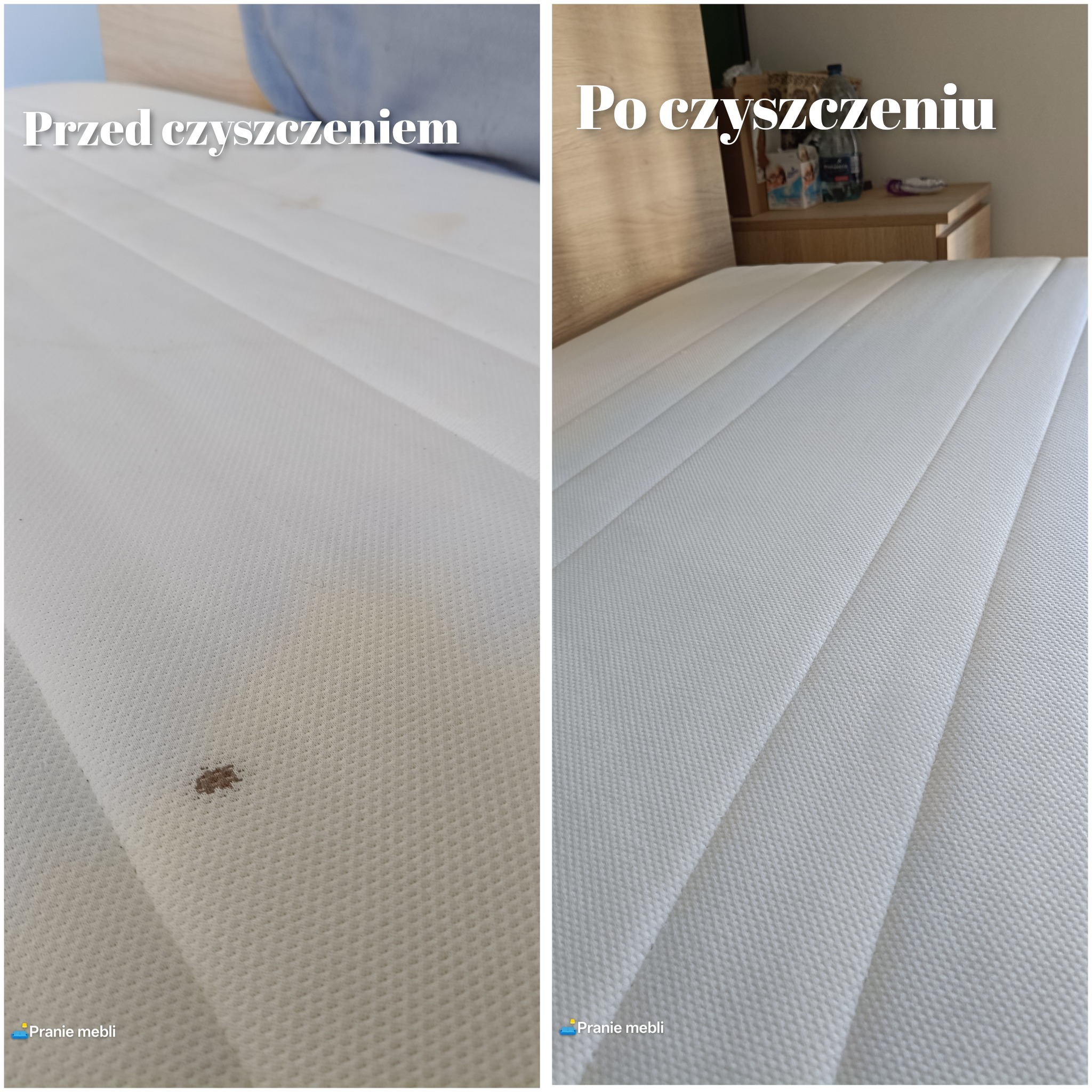 Materac z widocznymi plamami przed czyszczeniem i idealnie czysty po zabiegu, prezentowany w formacie 'przed i po'.