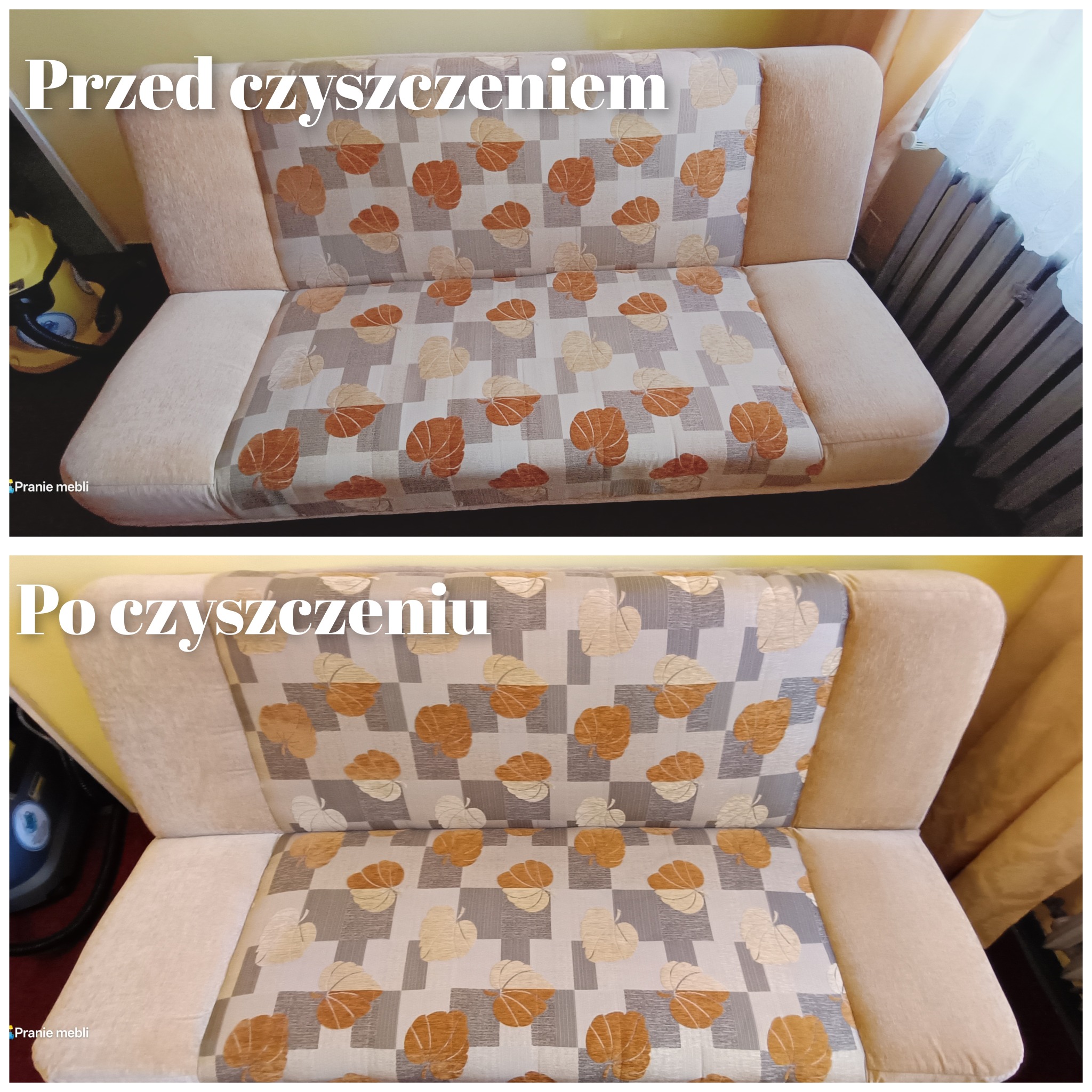 Dwu-obraz: góra - kanapa z wzorem liści przed czyszczeniem; dół - ta sama kanapa po czyszczeniu, z jaśniejszymi kolorami i odświeżonym wyglądem.