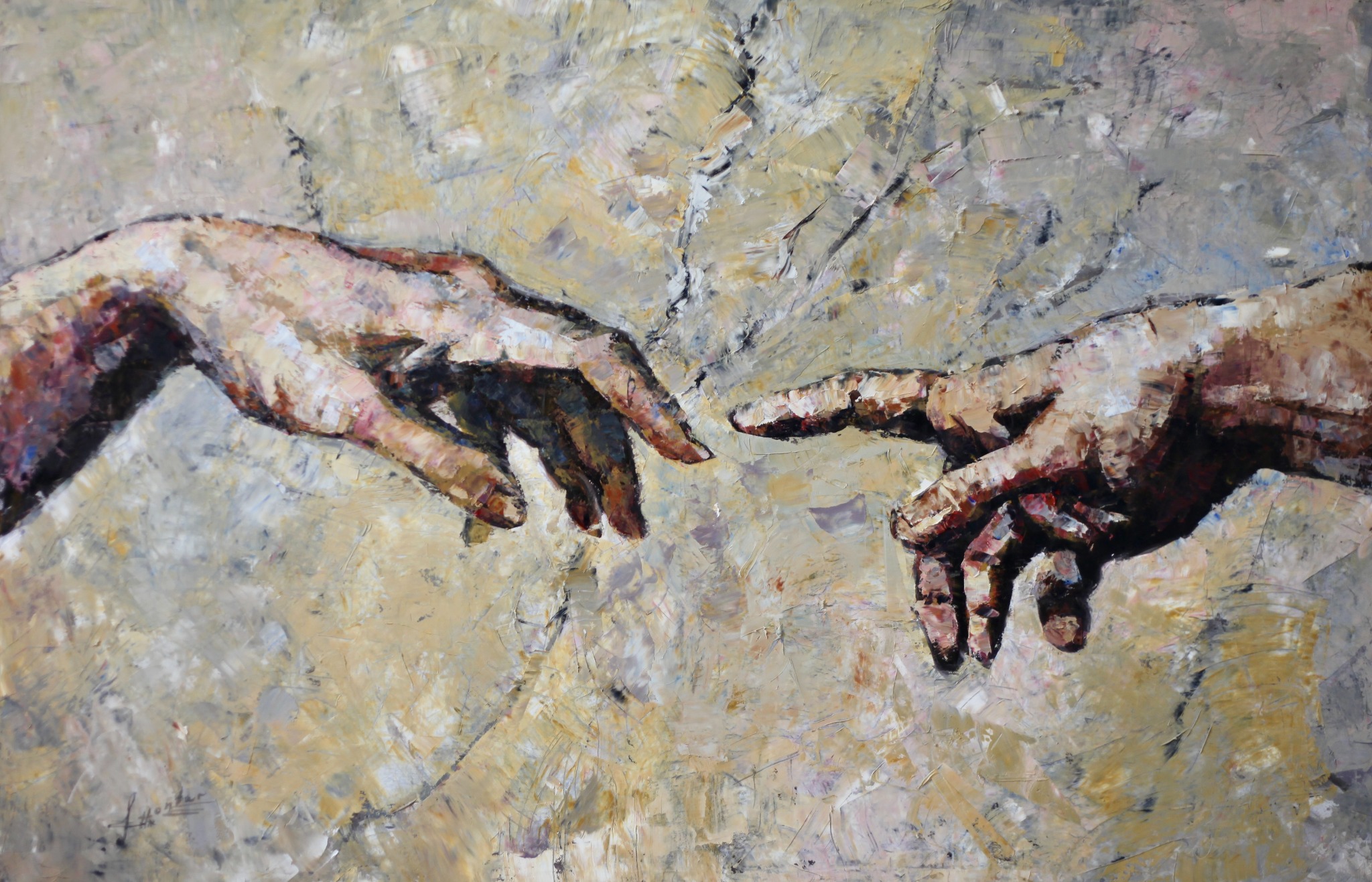 Obraz olejny przedstawiający zbliżające się dłonie na abstrakcyjnym, teksturowanym tle w odcieniach beżu, szarości i brązu. Widoczne pociągnięcia pędzla tworzą wrażenie ruchu i dynamiki.