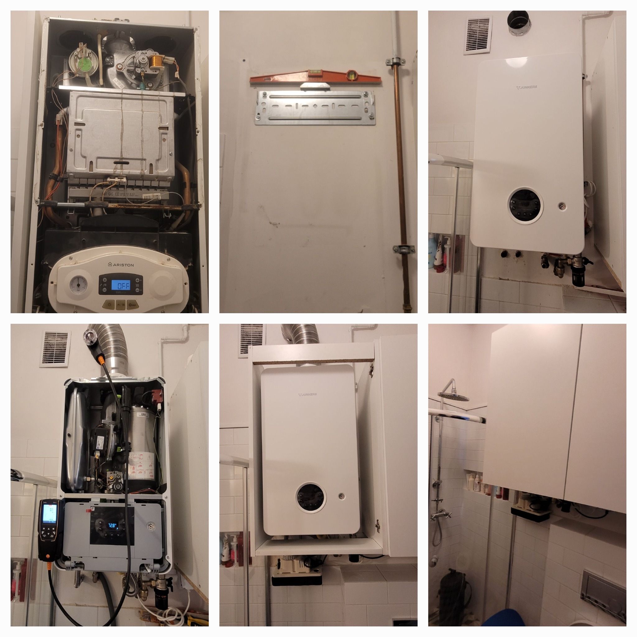 Kolaż zdjęć z montażu pieca gazowego: wnętrze, mocowanie, gotowy piec Junkers i Ariston, pomiar parametrów. Białe płytki w tle.