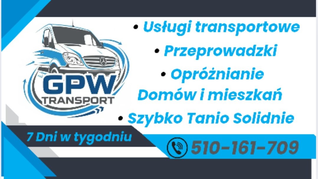 Grafika reklamowa GPW Transport z Legnicy: usługi transportowe, przeprowadzki, opróżnianie domów i mieszkań. Dostępność 7 dni w tygodniu, kontakt telefoniczny.
